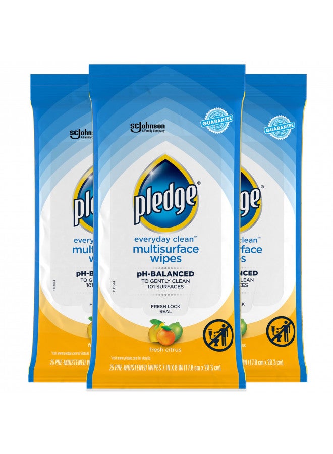 Pledge Everyday Clean Multisurface Wipes, Fresh Citrus, 25 Wipes, 3 ct - Image 2