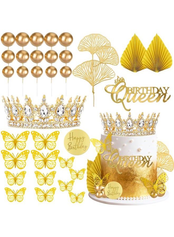 Knana ﻿Knana 33Pcs Gold Crown Cake Topper Butterfly Cake Decorations with Gold Happy Birthday Cake Topper for Queen Princess Wedding Party Favors - Image 1