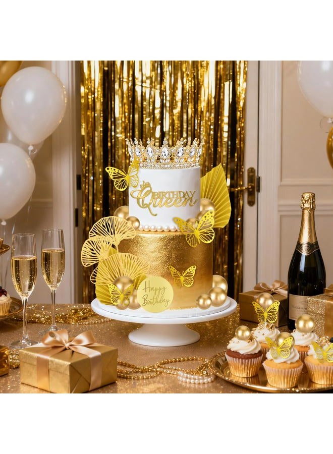 Knana ﻿Knana 33Pcs Gold Crown Cake Topper Butterfly Cake Decorations with Gold Happy Birthday Cake Topper for Queen Princess Wedding Party Favors - Image 4
