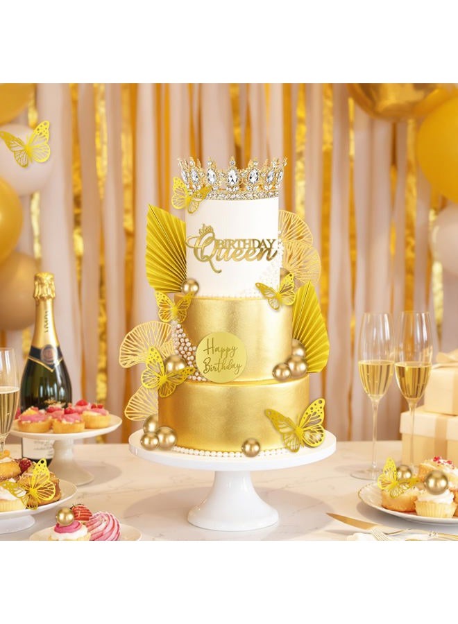 Knana ﻿Knana 33Pcs Gold Crown Cake Topper Butterfly Cake Decorations with Gold Happy Birthday Cake Topper for Queen Princess Wedding Party Favors - Image 5
