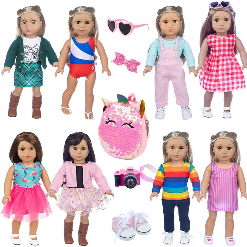 ebuddy Doll Clothes and Accessories 8 Sets Outfit with Shoes Backpack Glasses Camera Pad for 18 inch Girl Doll,Most 18 Inch Dolls(Doll not Include) - Image 1
