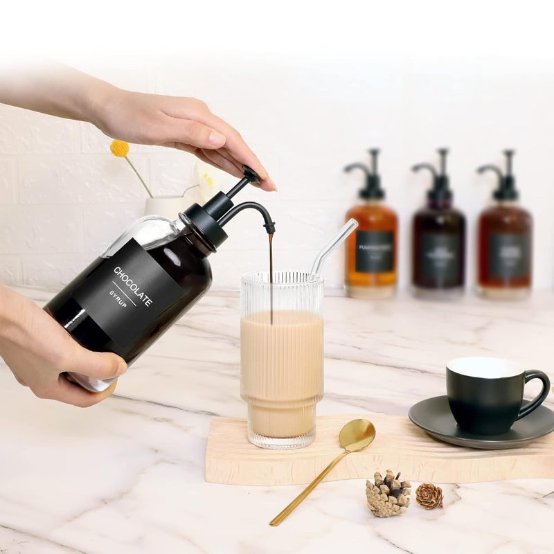HomeFeel Glass Coffee Syrup Dispenser with 84 Labels (Set of 2), Fancy Pump Dispenser for Bar Accessories, 16.9 oz - Image 3