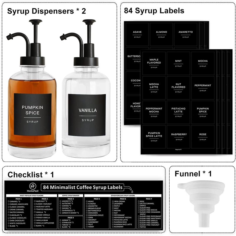HomeFeel Glass Coffee Syrup Dispenser with 84 Labels (Set of 2), Fancy Pump Dispenser for Bar Accessories, 16.9 oz - Image 5