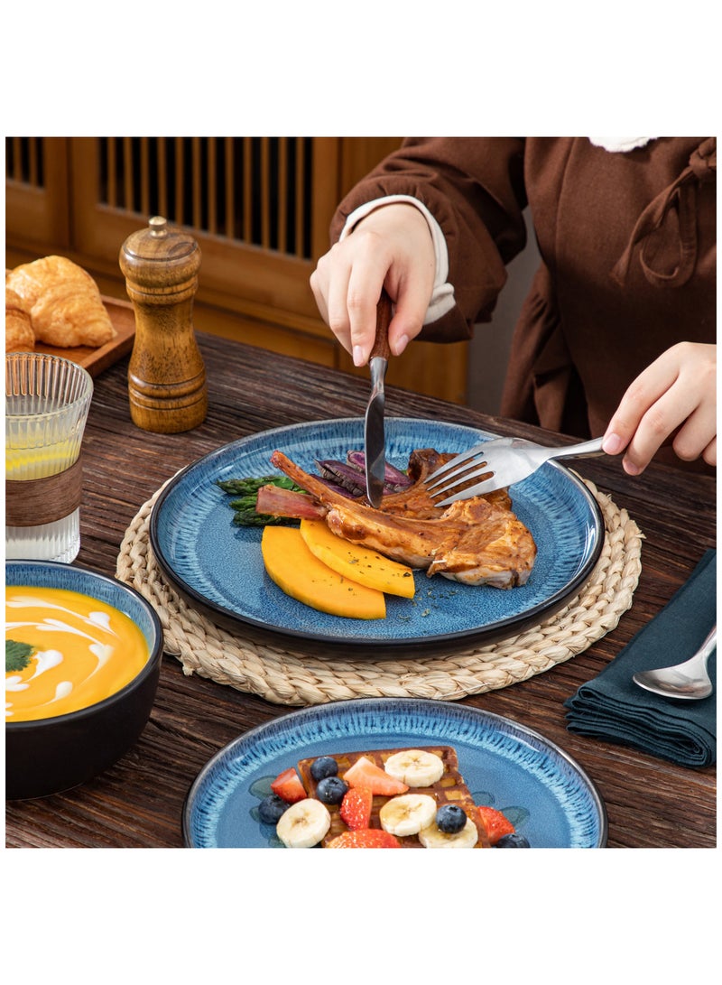 مجموعة عشاء من 18 قطعة، مجموعة سيراميك حجري ل6 أشخاص، تشمل أطباق عشاء وأطباق حلوى وأوعية، أزرق - Image 4