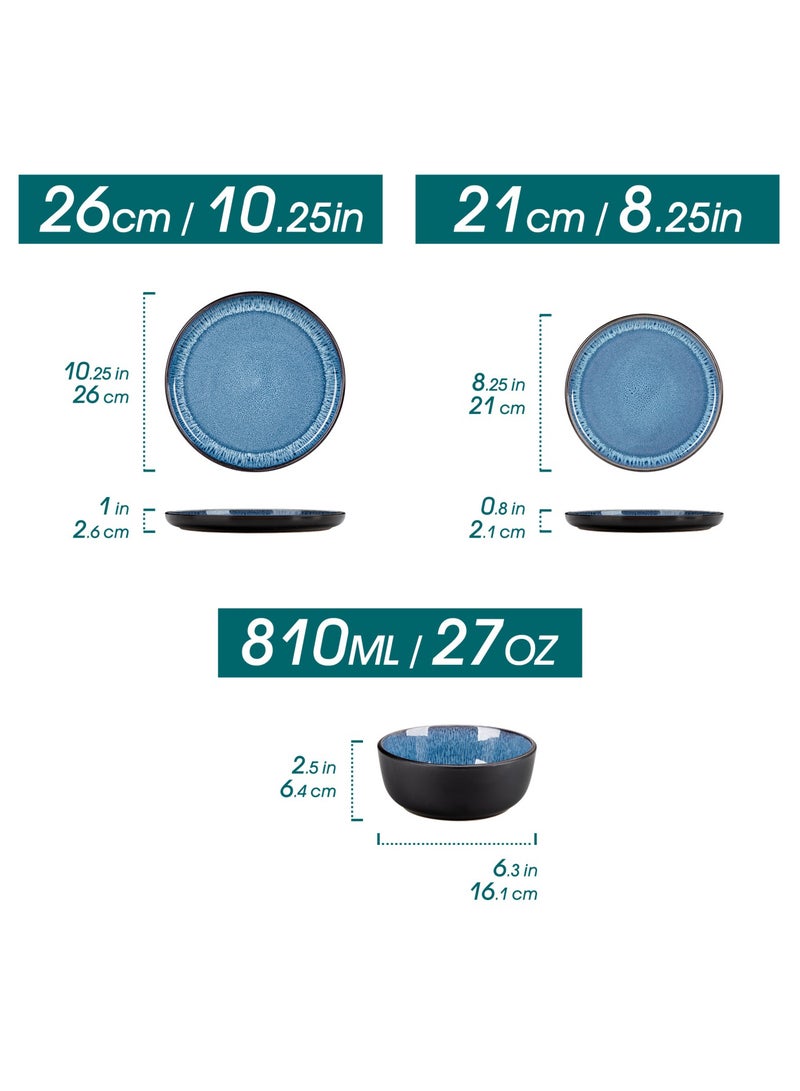 مجموعة عشاء من 18 قطعة، مجموعة سيراميك حجري ل6 أشخاص، تشمل أطباق عشاء وأطباق حلوى وأوعية، أزرق - Image 2