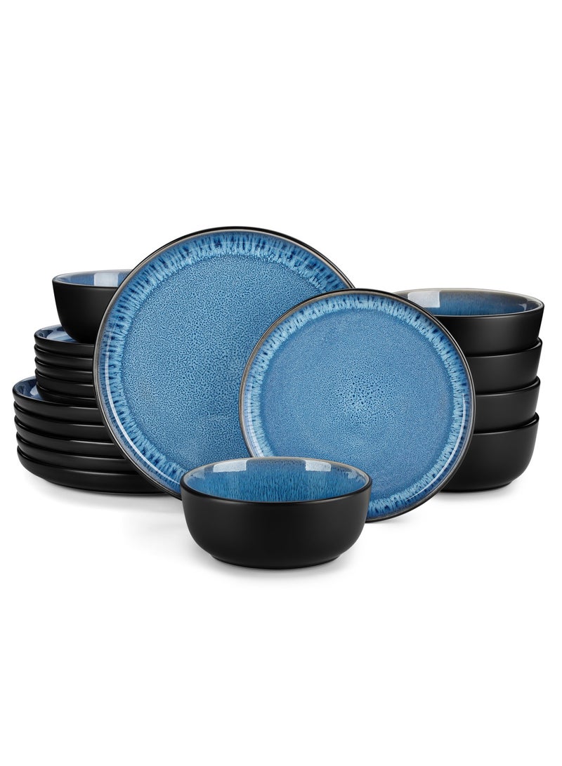 مجموعة عشاء من 18 قطعة، مجموعة سيراميك حجري ل6 أشخاص، تشمل أطباق عشاء وأطباق حلوى وأوعية، أزرق - Image 1