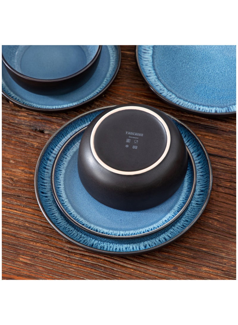 مجموعة عشاء من 18 قطعة، مجموعة سيراميك حجري ل6 أشخاص، تشمل أطباق عشاء وأطباق حلوى وأوعية، أزرق - Image 3