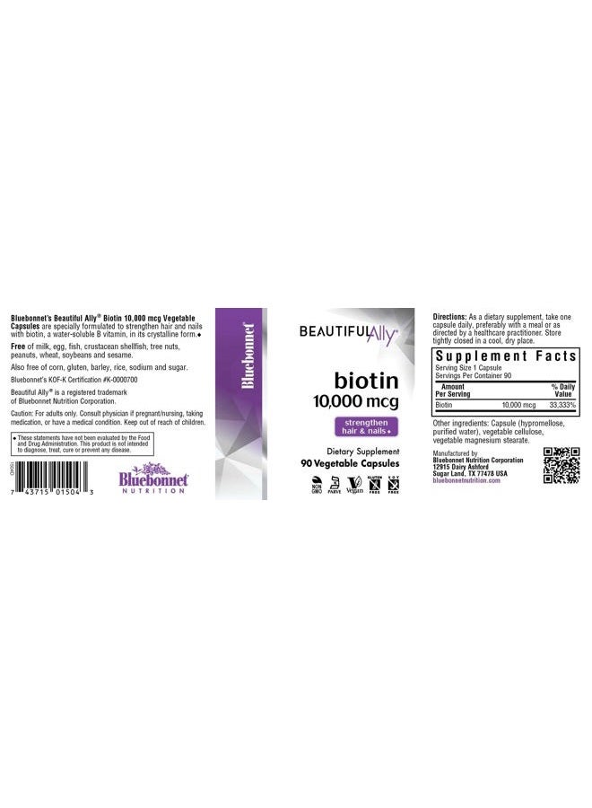 Bluebonnet Nutrition Beautiful Ally Biotin 10,000 mcg, Strengthen Hair & Nails*, Non-GMO, Vegan, Kosher Certified, Gluten-Free, Soy-Free, 90 Vegetable Capsules, 90 Servings - Image 2