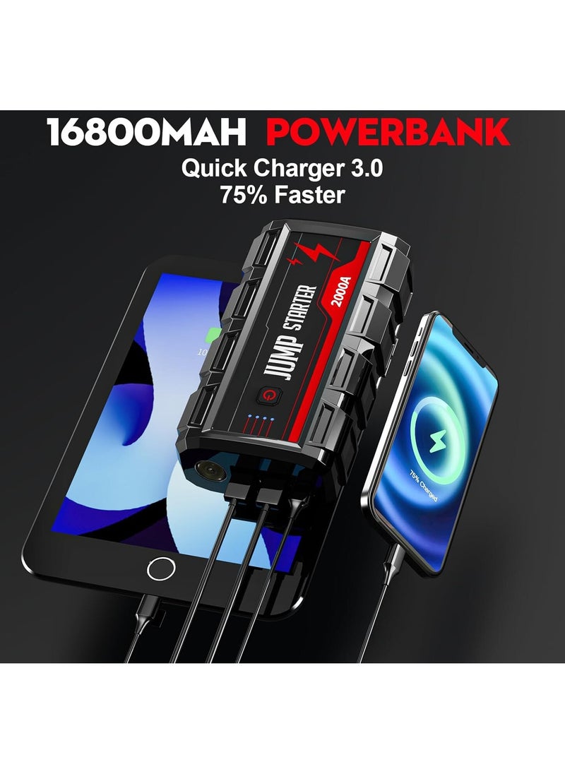 Generic Car Jump Starter 2000A Peak, 16800mAh 12V Portable Battery Booster, Up to 8.0L Gas/6.0L Diesel Engines, USB Quick Charge 3.0, Safety Protection, Emergency Power Pack for Cars, Trucks, Motorcycles, and Boats  - Image 4