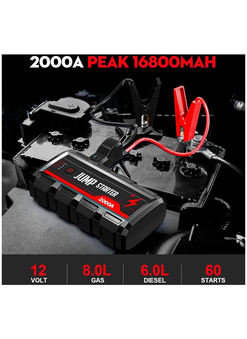 Generic Car Jump Starter 2000A Peak, 16800mAh 12V Portable Battery Booster, Up to 8.0L Gas/6.0L Diesel Engines, USB Quick Charge 3.0, Safety Protection, Emergency Power Pack for Cars, Trucks, Motorcycles, and Boats  - Image 2