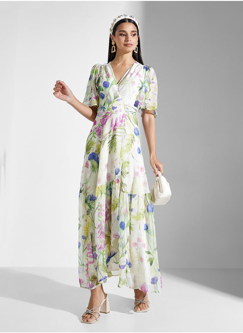 Flutter Sleeve Wrap Dress With Tie Waist