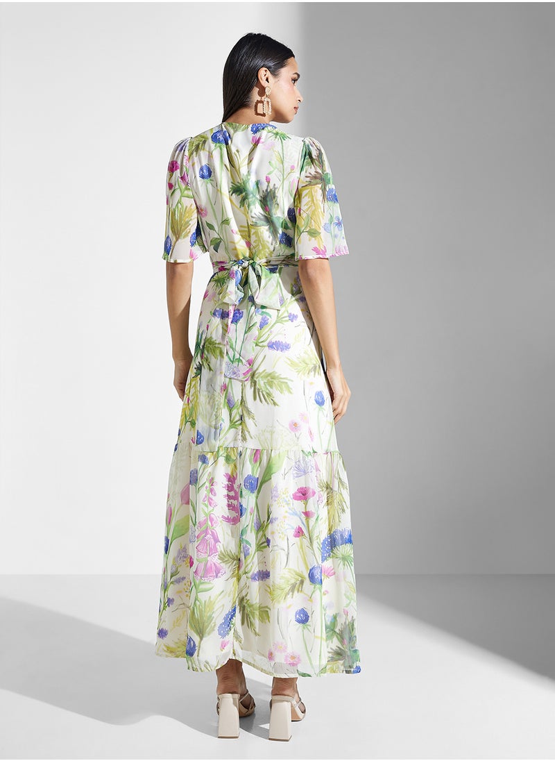 Flutter Sleeve Wrap Dress With Tie Waist