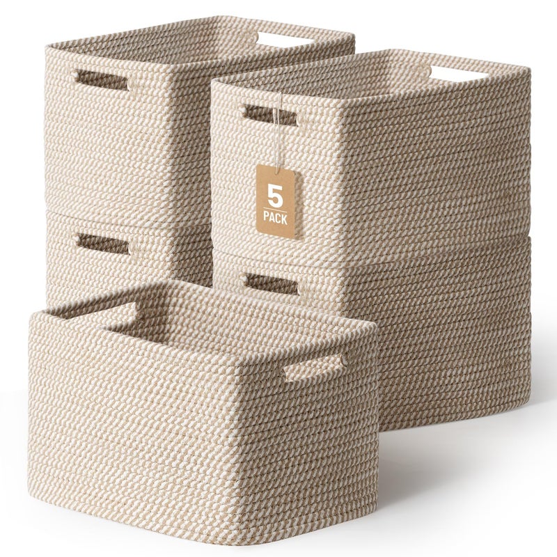 Yilobi 5 Pack Woven Storage Baskets for Shelves, Decorative Basket Organizer Storage Bins for Toys, Books, Clothes, Closet, Nursery, Bathroom â€“ Cotton Rope Shelf Baskets for Organizing and Decor, Khaki - Image 1