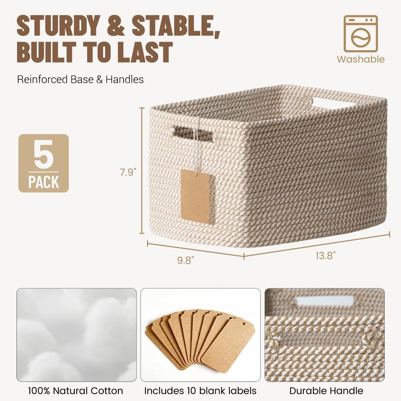 Yilobi 5 Pack Woven Storage Baskets for Shelves, Decorative Basket Organizer Storage Bins for Toys, Books, Clothes, Closet, Nursery, Bathroom â€“ Cotton Rope Shelf Baskets for Organizing and Decor, Khaki - Image 3