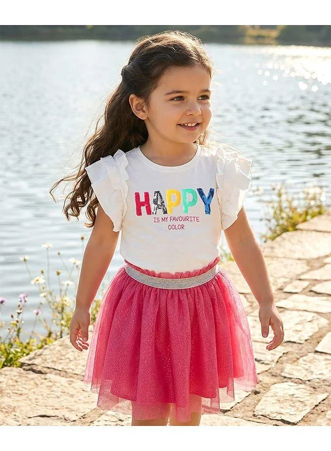Babyhug Babyhug Single Jersey Knit Frill Sleeves Top & Skirt Set With Text Print - White & Pink