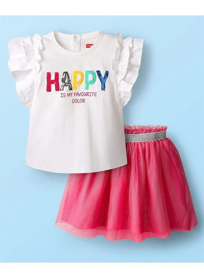 Babyhug Babyhug Single Jersey Knit Frill Sleeves Top & Skirt Set With Text Print - White & Pink