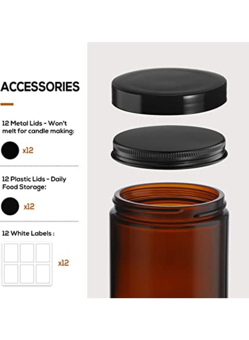 QUESERA Thick Amber Round Glass Jars with 12 Metal   Plastic Lids Pack of 12 8oz - Image 3
