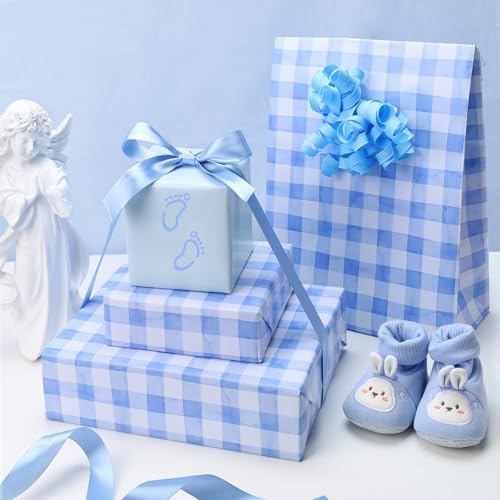 LaRibbons Blue Gingham Wrapping Paper Roll,Baby Boy Shower Gift Wrap for Mom-to-Be, Newborn & Birthday, Premium Cute Blue Checked Gift Paper, 17 Inch x 33 Feet - Image 3