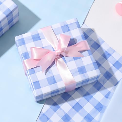 LaRibbons Blue Gingham Wrapping Paper Roll,Baby Boy Shower Gift Wrap for Mom-to-Be, Newborn & Birthday, Premium Cute Blue Checked Gift Paper, 17 Inch x 33 Feet - Image 2