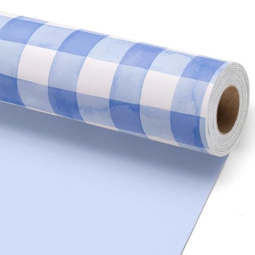 LaRibbons Blue Gingham Wrapping Paper Roll,Baby Boy Shower Gift Wrap for Mom-to-Be, Newborn & Birthday, Premium Cute Blue Checked Gift Paper, 17 Inch x 33 Feet - Image 1