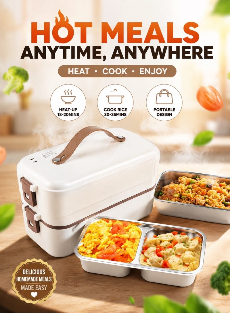 Saudi Select Lunch Box 2 Tier Portable Electric Food Warmer Mini Removable 304 Stainless Steel 220V White Stainless Steel 800Ml - Image 1