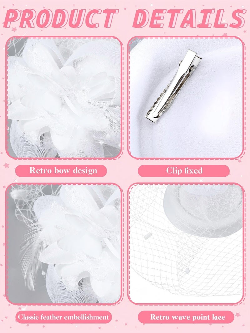 JenPen 2 Pcs Girls Tea Party Fascinators Hats with Lace Gloves Funeral Veil Hat Gloves for Church Wedding Accessories(Mesh White) - Image 3