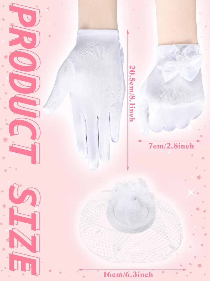 JenPen 2 Pcs Girls Tea Party Fascinators Hats with Lace Gloves Funeral Veil Hat Gloves for Church Wedding Accessories(Mesh White) - Image 5