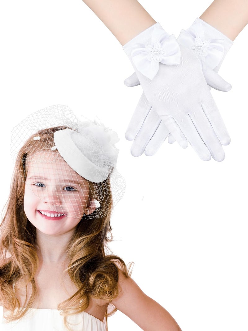 JenPen 2 Pcs Girls Tea Party Fascinators Hats with Lace Gloves Funeral Veil Hat Gloves for Church Wedding Accessories(Mesh White) - Image 1