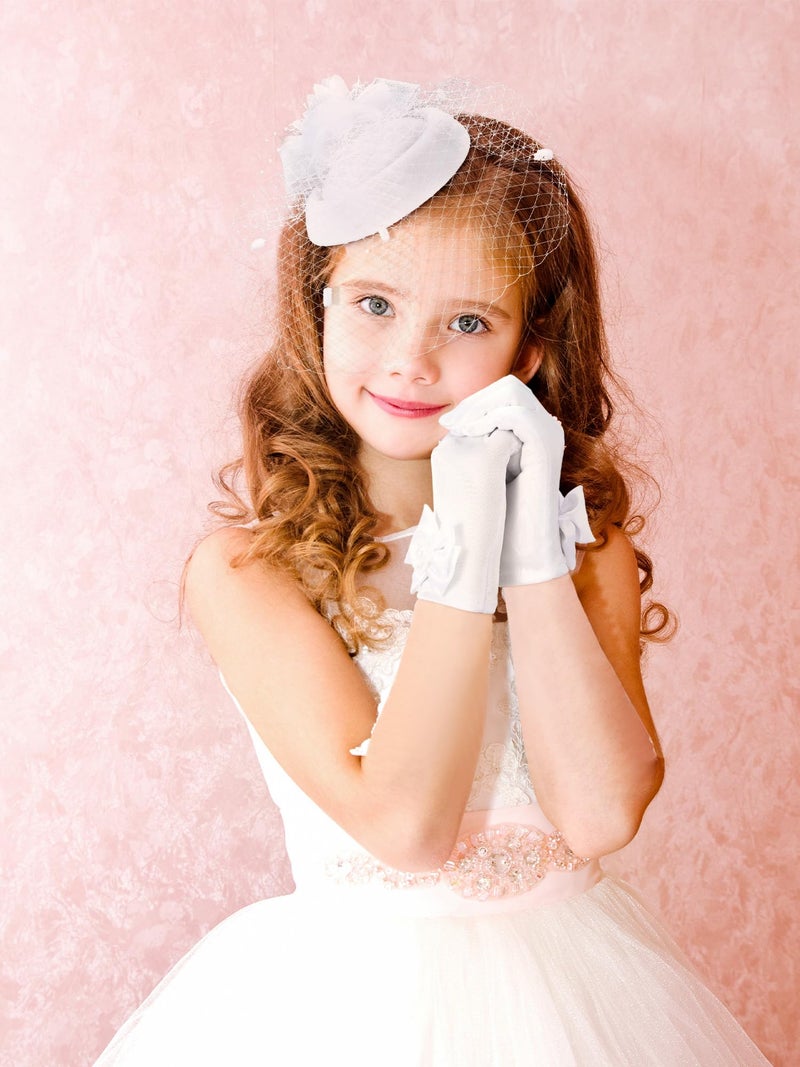 JenPen 2 Pcs Girls Tea Party Fascinators Hats with Lace Gloves Funeral Veil Hat Gloves for Church Wedding Accessories(Mesh White) - Image 4