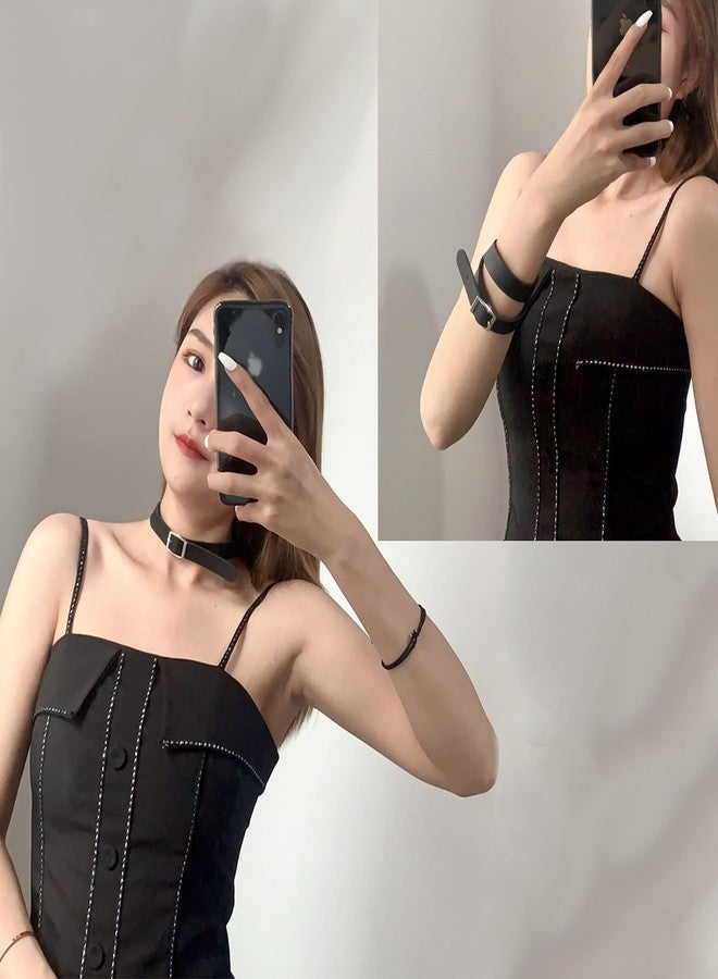 ETHOON Choker Necklace for Women 4 Adjustable Belt Cool Gothic PU Collar Green - Image 4