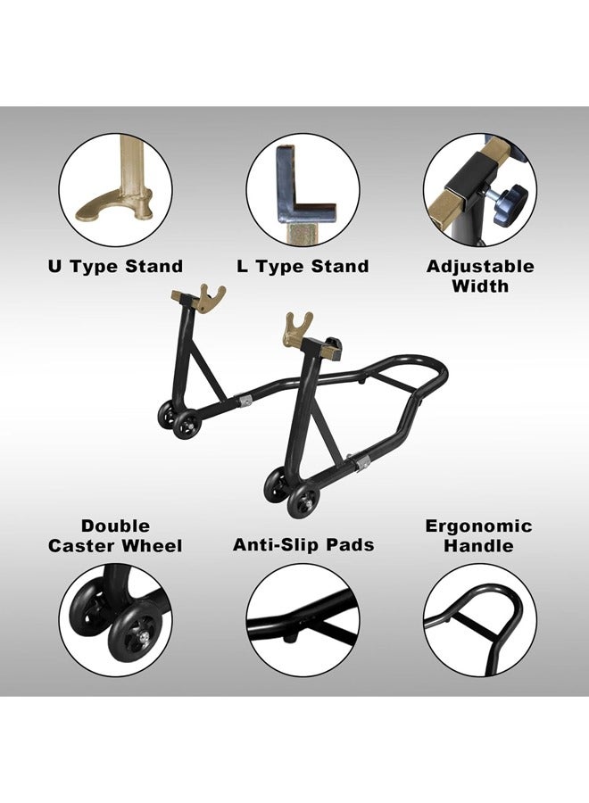 إل&إي حاملات دراجات نارية، مجموعة رفع العجلات الأمامية والخلفية بسعة 500 كجم مع بكرة ذراع تأرجح قابلة للتعديل على شكل حرف U، حاملات حظيرة شديدة التحمل لسيارات BMW وSuzuki وYamaha وHonda وKawasaki، لون أسود - Image 3