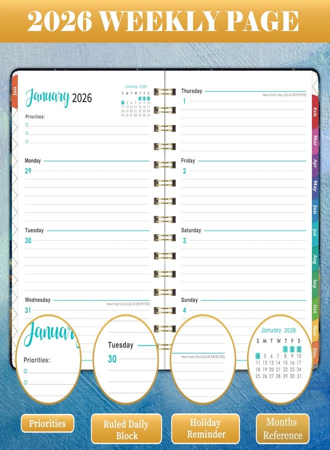 Pinchoco 2026 Planner - Planner 2026, Jan. 2026 - Dec. 2026, 8.4"x 6.3", 2026 Planner Weekly and Monthly, 2026 Calendar Planner with Elastic Closure + Colorful Tabs + Hardcover - Dreaming Sea - Image 4