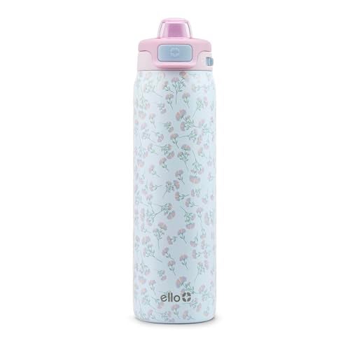 Ello Pop Fill 22oz Stainless Steel Water Bottle with QuickFill Technology Double Walled and Vacuum Insulated Metal Leak Proof Locking Lid Straw and Chug Reusable BPA Free Serene Bloom - Image 1