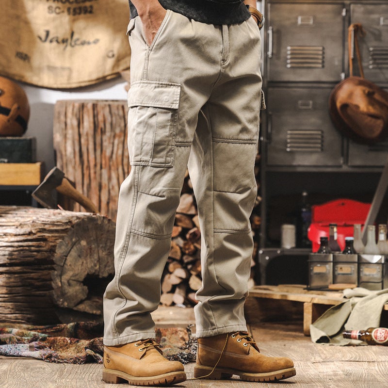 American Retro Heavy Work Pants Mens Autumn and Winter Fashion Brand Loose Straight Tactical Functional fleece-lined Casual Pants Khakis [300g Heavy]]