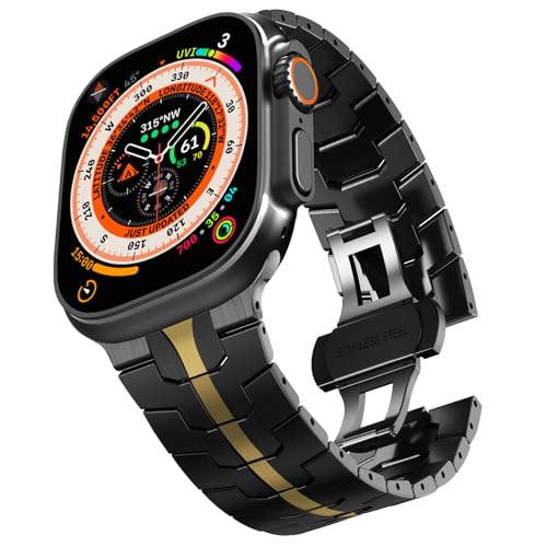 CHANCHY Stainless Steel Band for Apple Watch Band Apple Watch Ultra 3/2/1 Band 49mm, Series 11/10 46mm, 9/8/7 45mm, SE3/SE2/SE 6/5/4 44mm, 3/2/1 42mm, Metal Strap with Folding Clasp for Men, BlackGold - Image 1