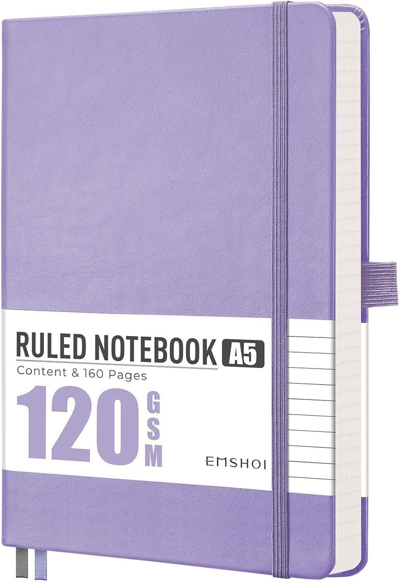 EMSHOI A5 Notebook Lined Journal - 120 GSM Paper Hardcover Notebook for Work, 160 Pages College Ruled Notebook, Leather Writing Journal for Women, Men, Work, School, 14.5 X 21 cm - Light Purple - Image 1