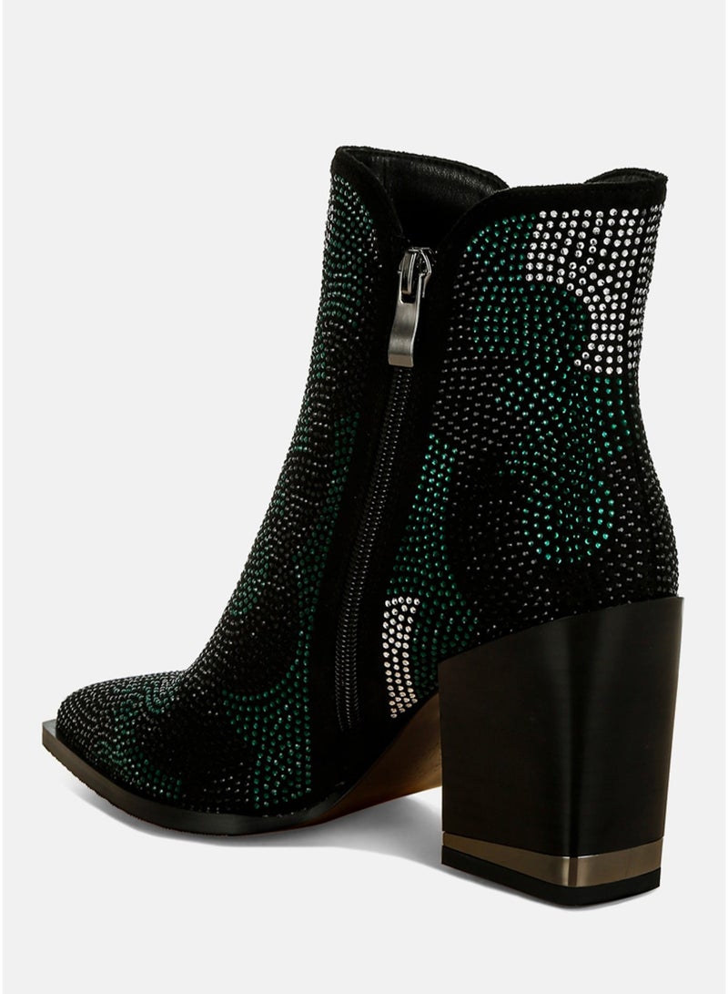 London Rag Rhinestones Embellished Block Heel Boots in Green - Image 3