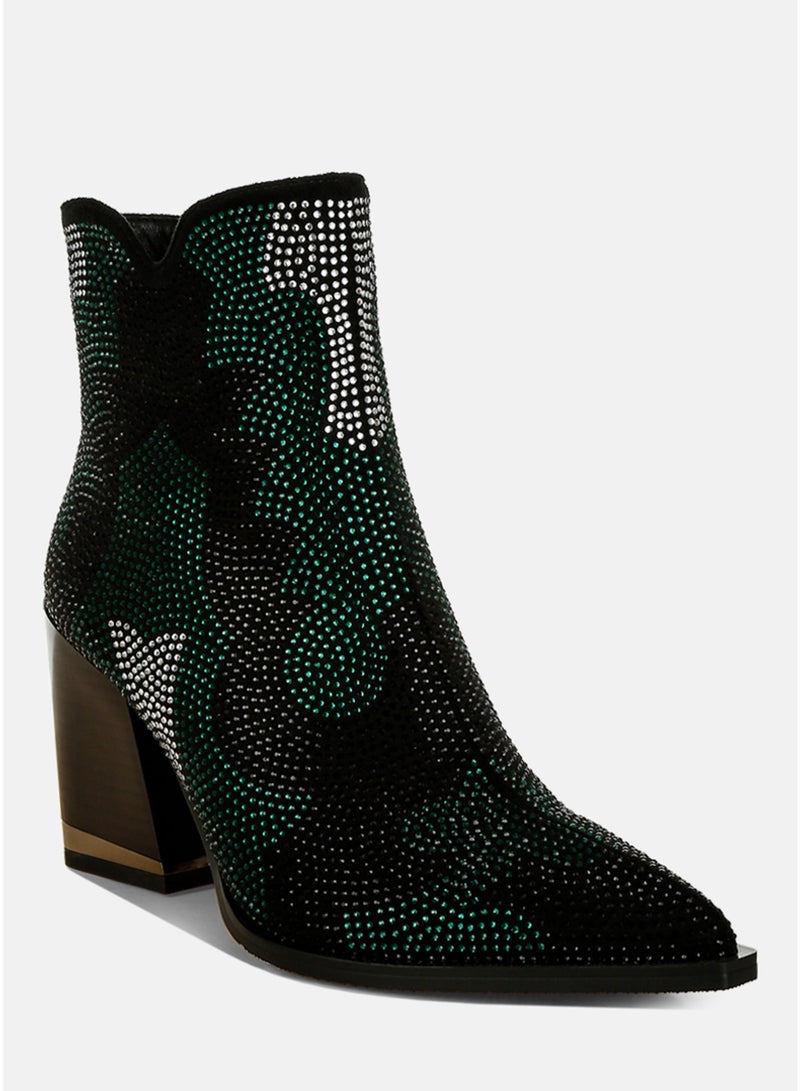 London Rag Rhinestones Embellished Block Heel Boots in Green - Image 2