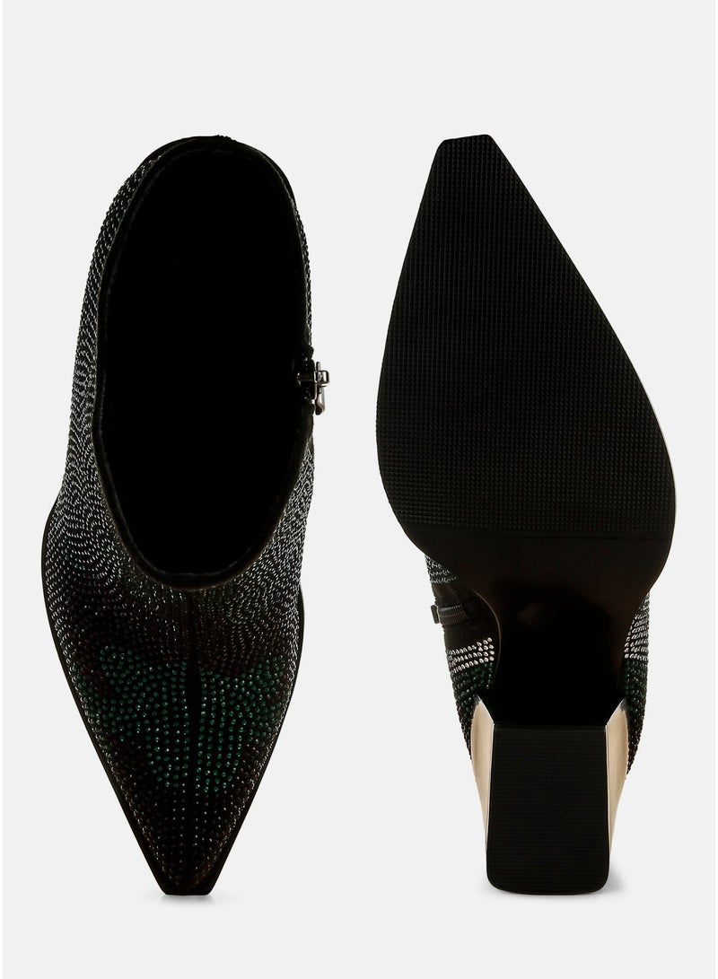 London Rag Rhinestones Embellished Block Heel Boots in Green - Image 5
