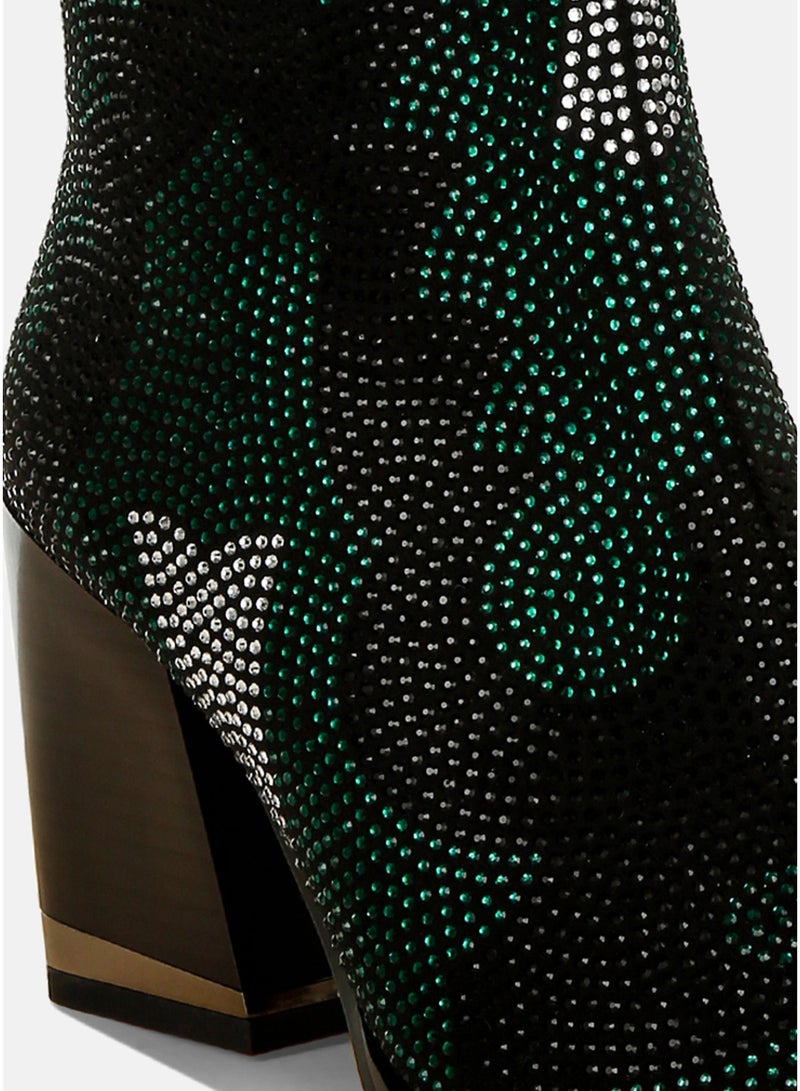 London Rag Rhinestones Embellished Block Heel Boots in Green - Image 4