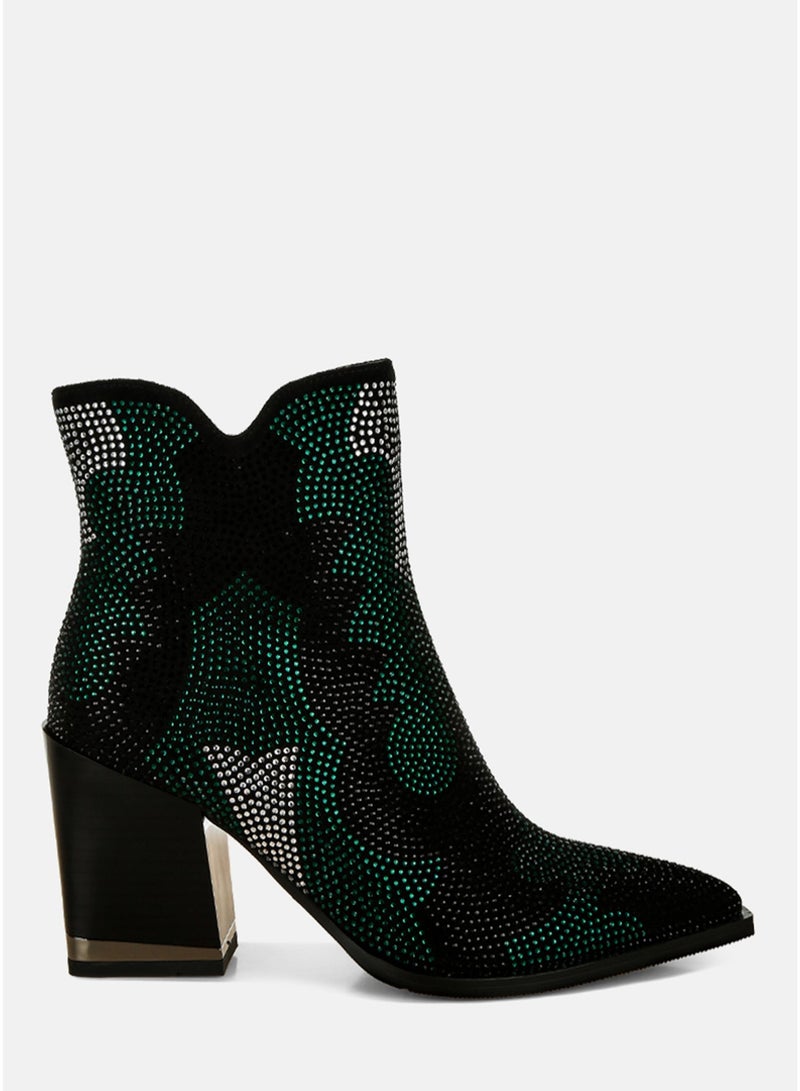 London Rag Rhinestones Embellished Block Heel Boots in Green - Image 1
