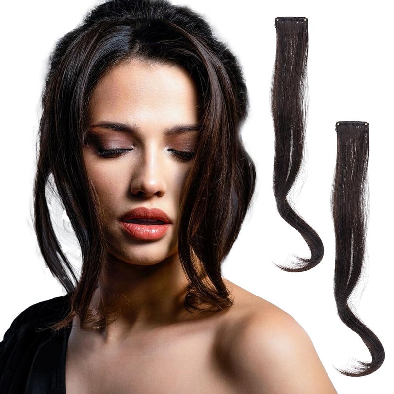 NICENEEDED 2 PCS Dark Brown Clip in Fake Bangs Hair Clip in Extensions Faux Bangs Wavy Curly Long Side Air Bangs Clips Hair Pieces Barrettes for Women Daily Use