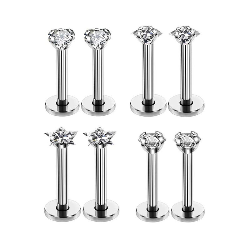 HQLA 16G Love/Star/Square/Round Shape Clear CZ Labret Monroe Lip Ring Tragus Nail Helix Earring Stud Piercing Jewelry Surgical Stainless Steel Bar 8mm CZ 3mm 4 Pairs - Image 1