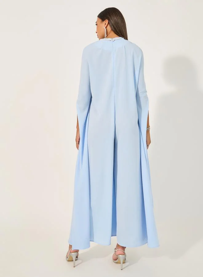 Styli Embellished V Neck Wide Leg Cape Jumpsuit