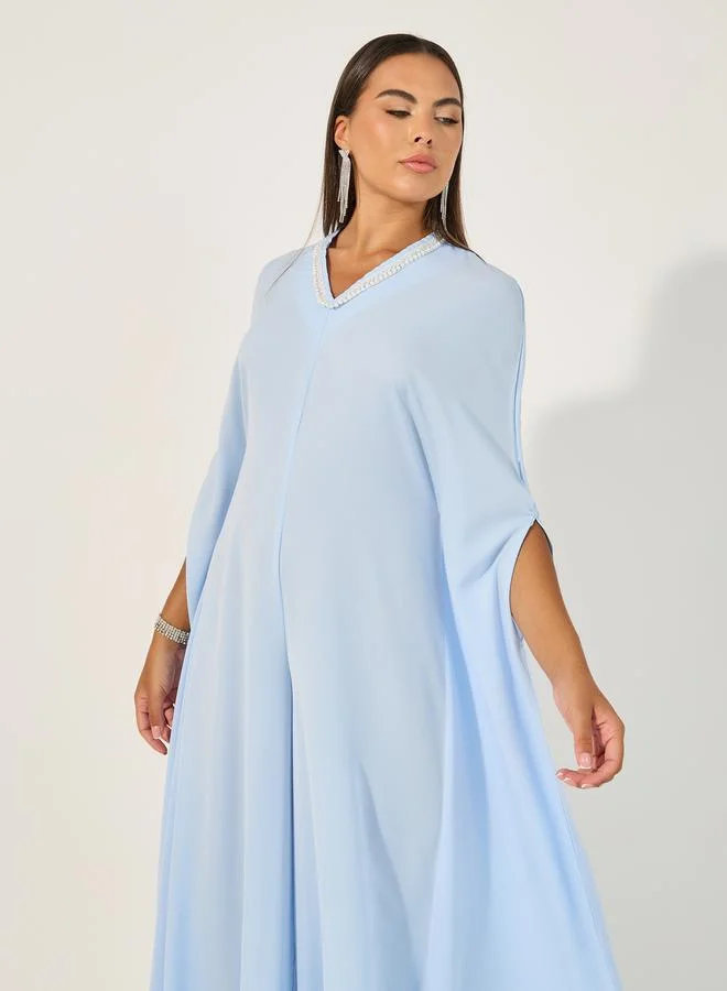 Styli Embellished V Neck Wide Leg Cape Jumpsuit