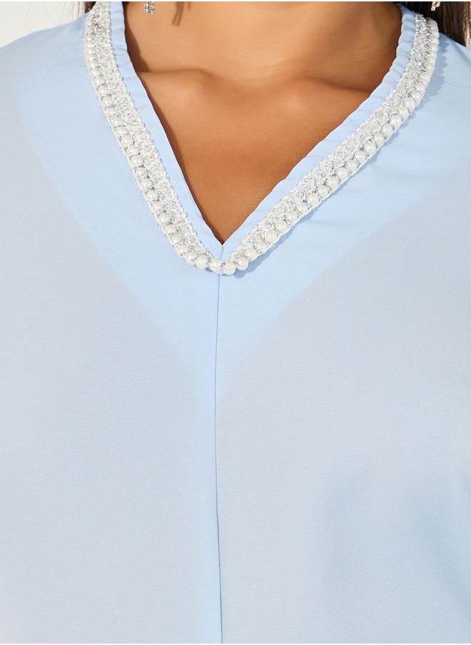Styli Embellished V Neck Wide Leg Cape Jumpsuit  - Image 4