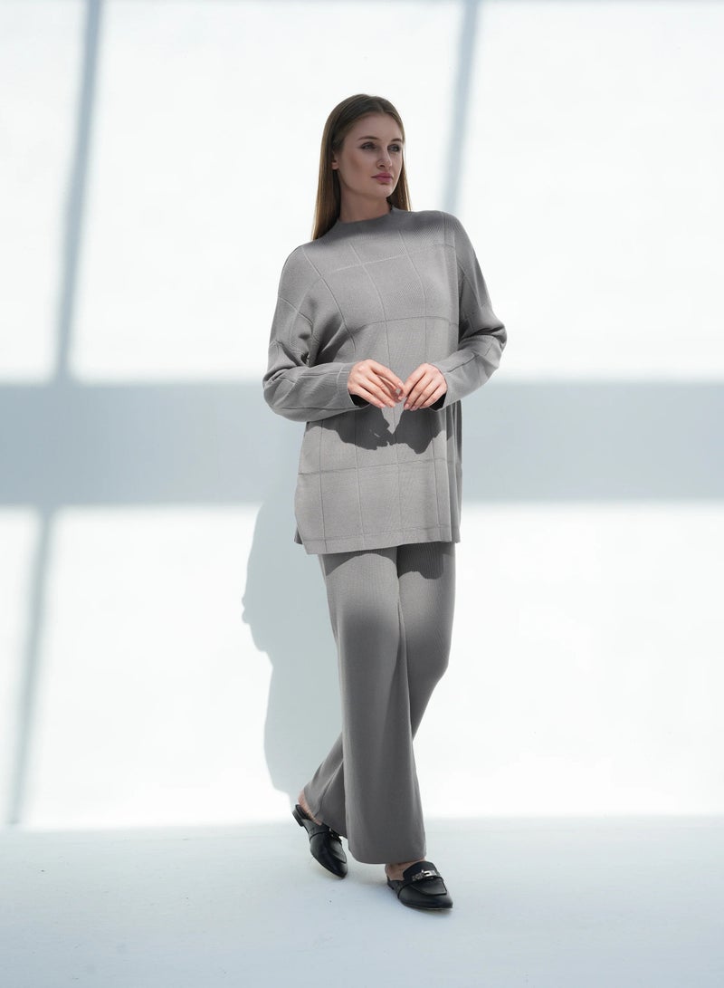 Andy 2316 | Women's Premium Knitwear Two-Piece Set – Long-Sleeve High-Neck Tunic Top with Relaxed Wide-Leg Trousers | Elegant & Versatile Outfit for Everyday Comfort and Style | Grayish Brown - Image 1