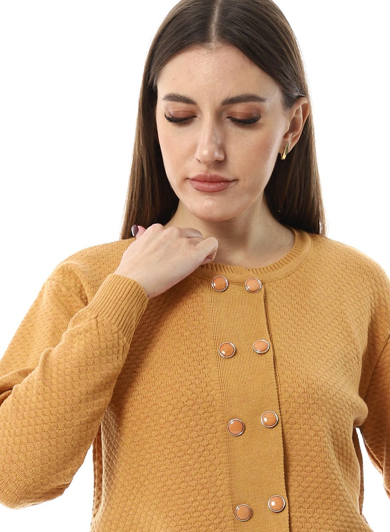 Andora Double Buttons Pastel Mustard Casual Cardigan_Yellow - Image 4