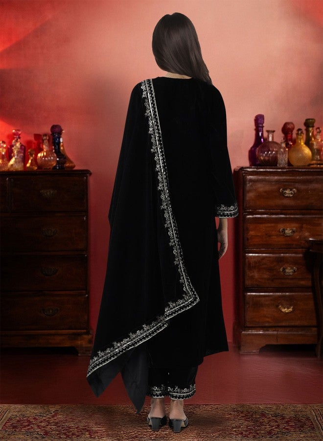 ISHIN Women'S Black Velvet Self Design Full Length Palazzo Kurta Set - Image 5