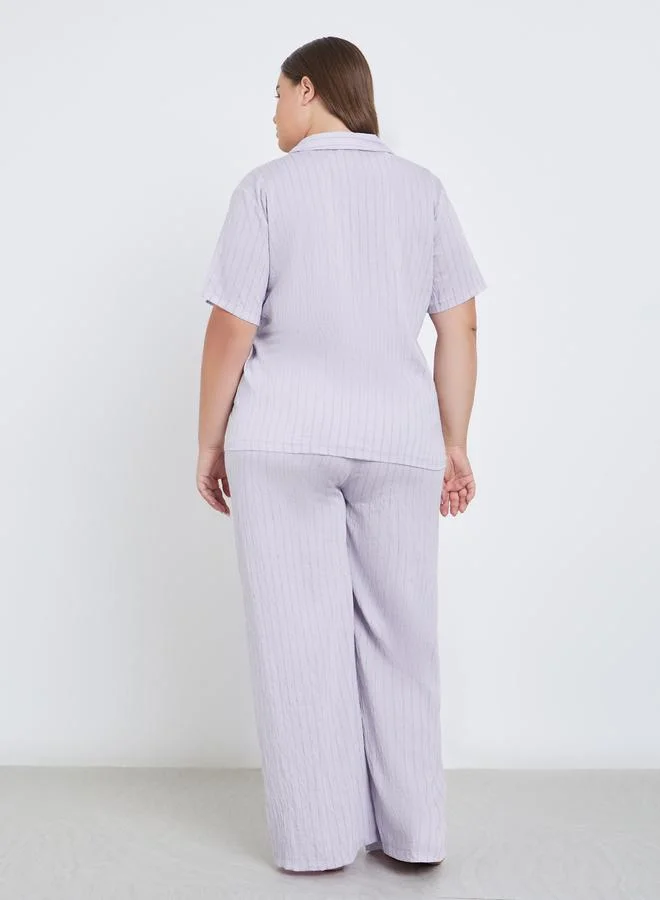 Styli Styli Plus Viscose Textured Double Stripe Shirt and Pyjama Set